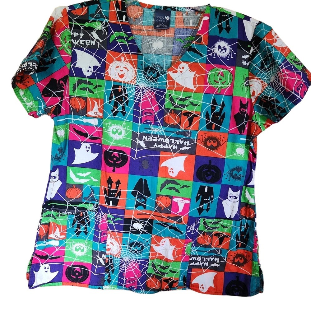 Zoe+Chloe Nursing Halloween glitter webbed scrub top Womens Size M